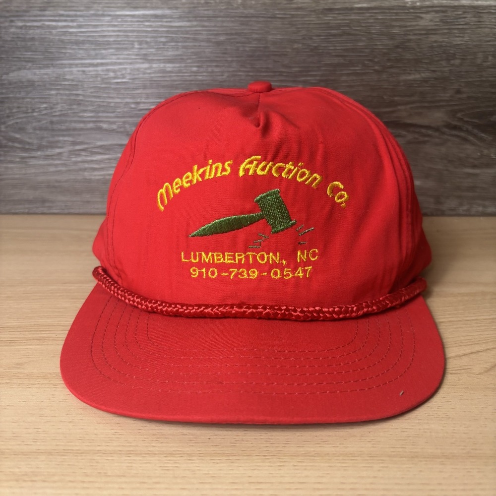 VINTAGE Meekins Auction Co Hat Cap Snap Back Embroidered Advertising Mens 90s